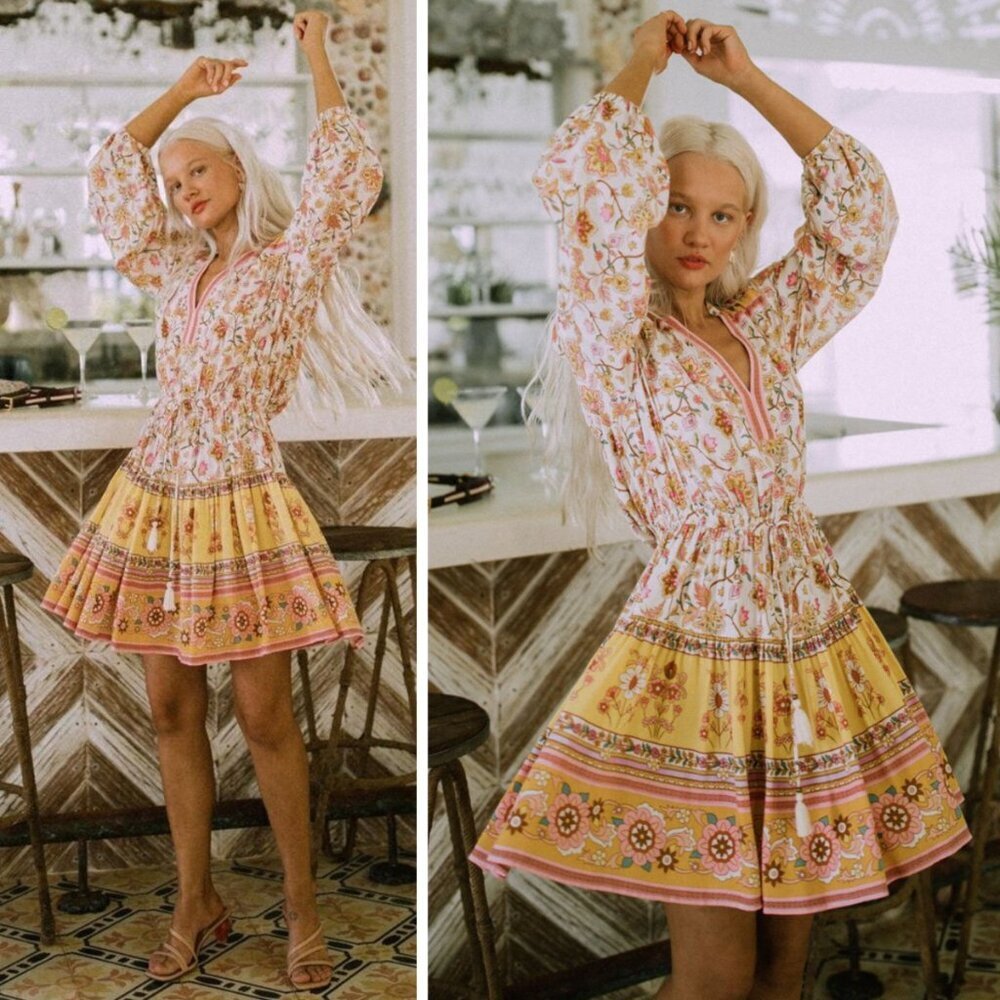 Spell Yellow Floral Mini Dress with Pink and White Accents